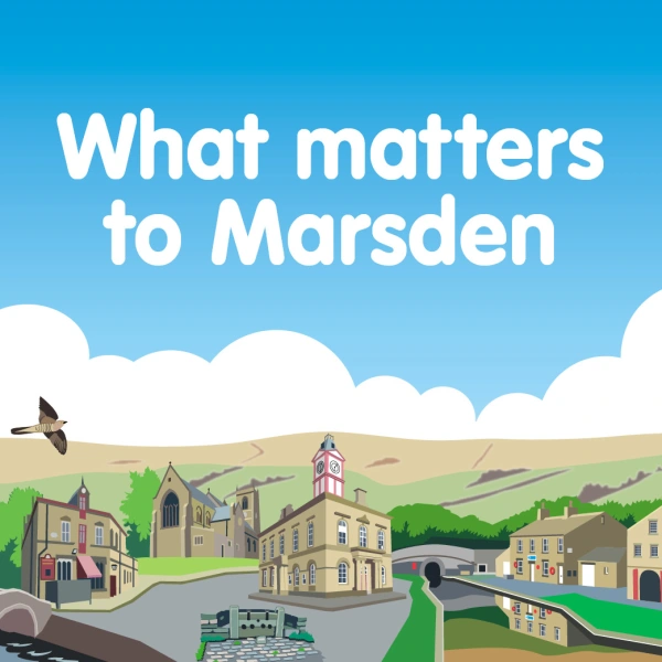 Buildings, green spaces and waterways in Marsden, with a cuckoo flying over